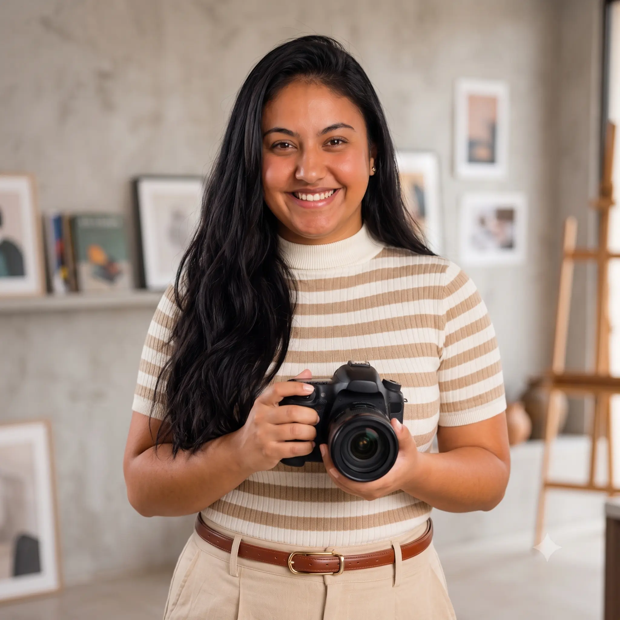 Retrato de Camilla Farias, fotógrafa e videomaker, sorrindo em ambiente interno com tons amadeirados